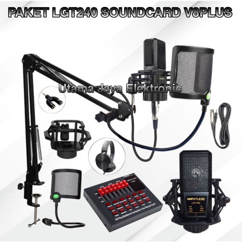 Microphone LGT240 Paket Mic Condenser Soundcard V8plus Stand Arm Pop Filter Original