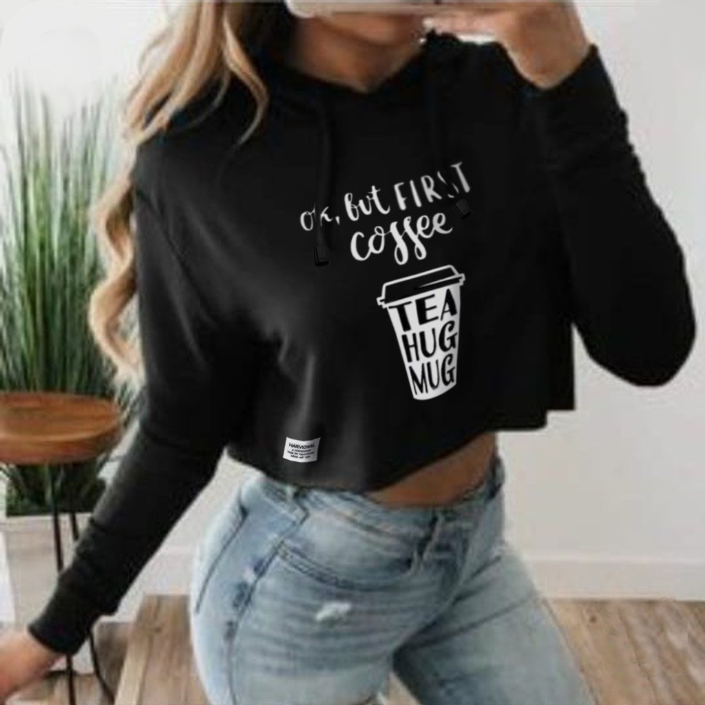 SWEATER CROP HOODIE TEAHUGME  BAHAN FRENCHTERRY TERLARIS