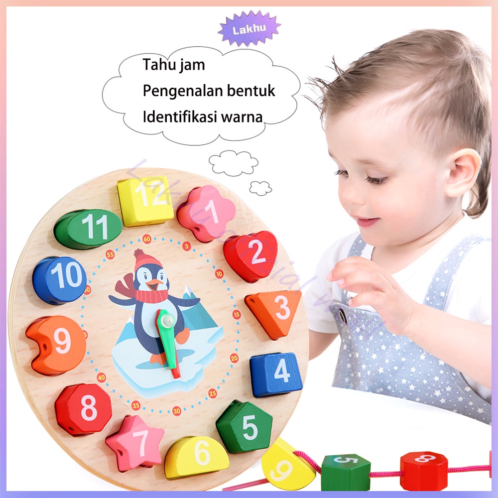 JCHO Mainan Edukasi Jam Kayu beeded clock wooden clock jam geometri