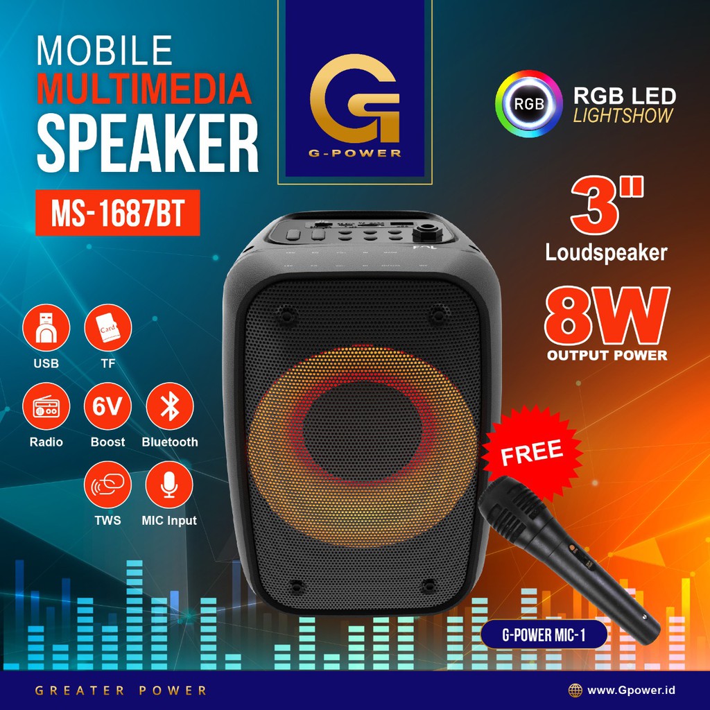 Speaker Bluetooth LED RGB G-POWER MS-1688 Portable free mic garansi 1 tahun