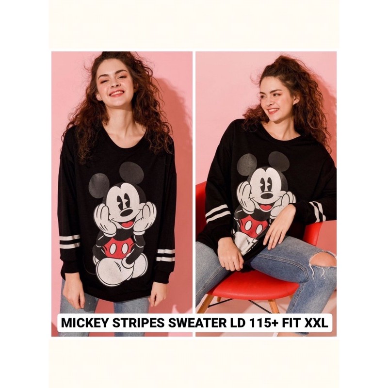 Mickey Stripes Sweater XXL Atasan Jumbo Wanita Ukuran Besar Lucu Jumbo