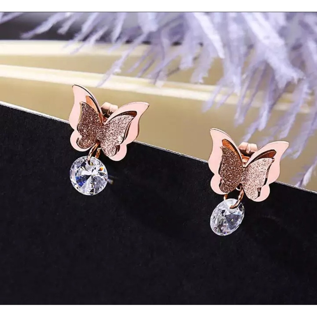 Anting Tusuk Titanium Kupu-Kupu Diamond Gantung Tersedia Warna Rosegold, Gold dan Silver