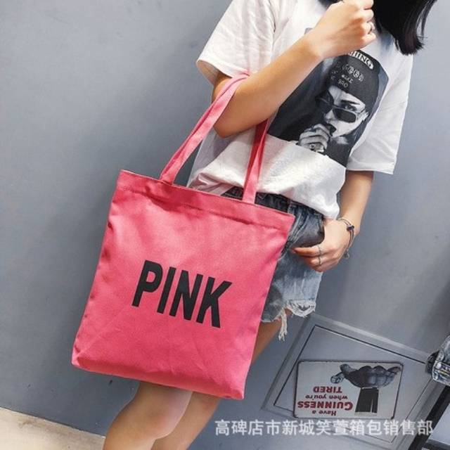 TOTE BAG KANVAS TAS TOTE SIMPLE FASHION WANITA TAS KULIAH HAND BAG IMPORT PINK FANTA