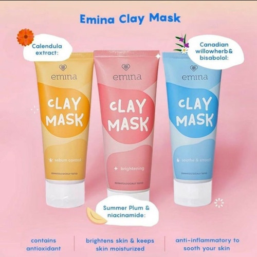 Emina Clay Mask 60 mL (Sebum Control, Brightening, Soothe &amp; Smooth) - Masker Ringan Perawatan Wajah