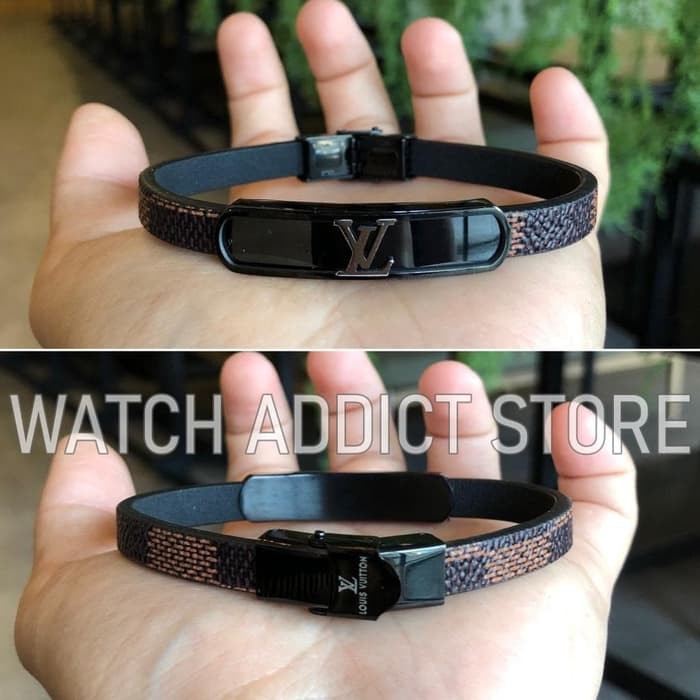 Spesial - Best Seller Gelang Tangan Pria Cowok Lv Leather Titanium Hitam