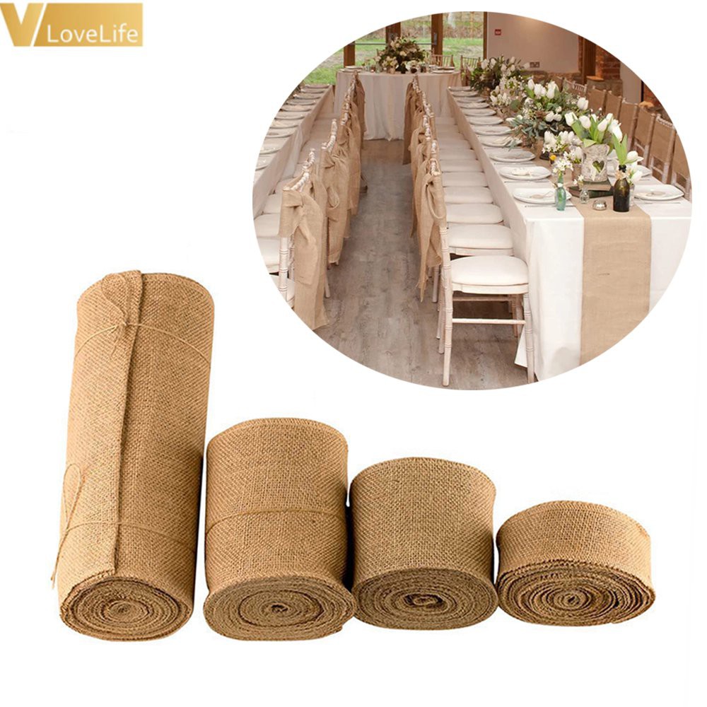 10meter Natural Jute Burlap Fabric Jute Roll Hessian Ribbon Roll Burlap Table Runner Wedding Party S Shopee Indonesia