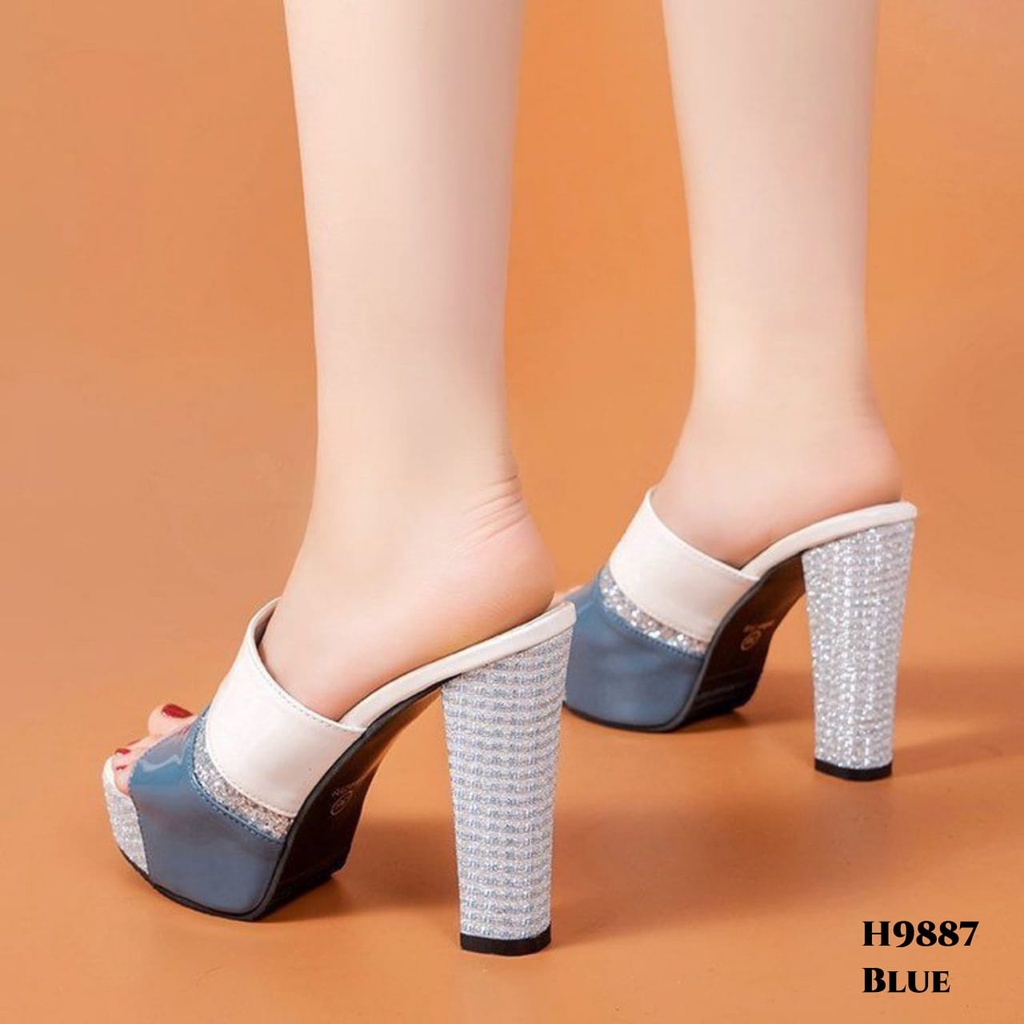 WYN HIGH HEELS GLITERS CHUNKY PLATFORM MULES FASHION KOREA BAHAN GLOSSY H9887