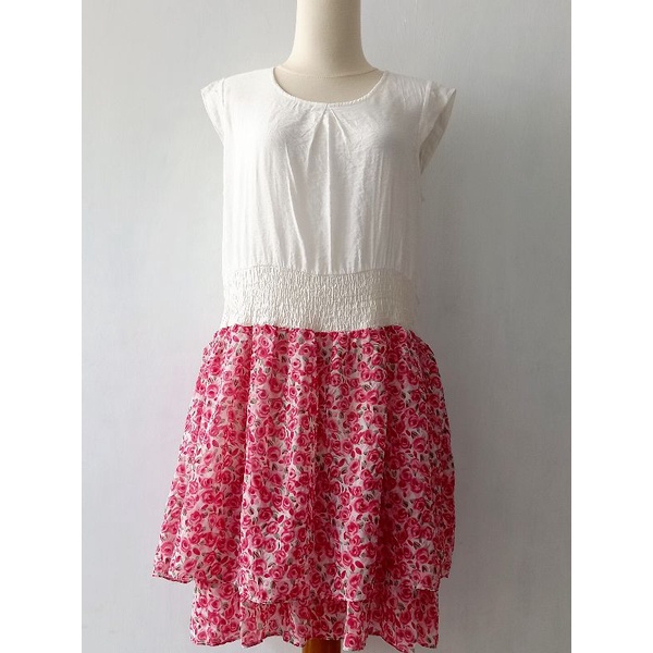 Dress Kutung Bunga-bunga Sifon Pinggang Smoke Kutung