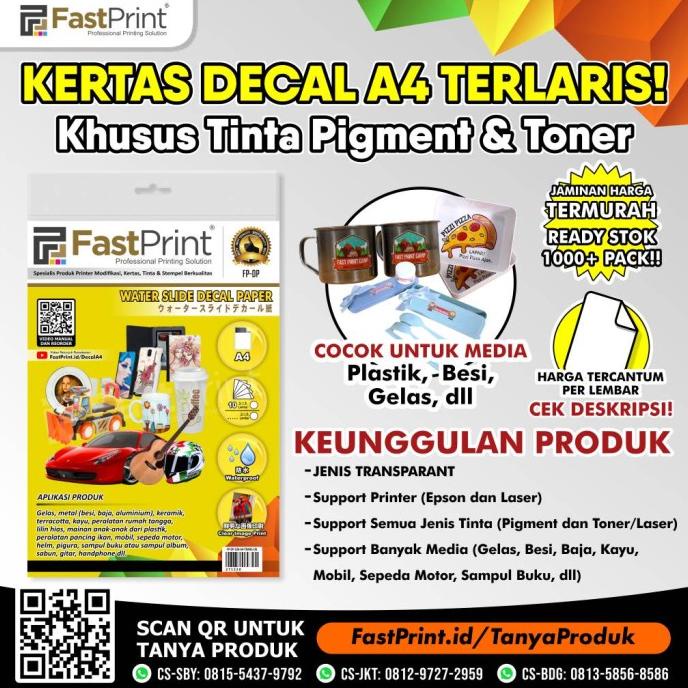 

$$$$] Fast Print Kertas Water Slide Decal Paper Ukuran A4 100 Gram