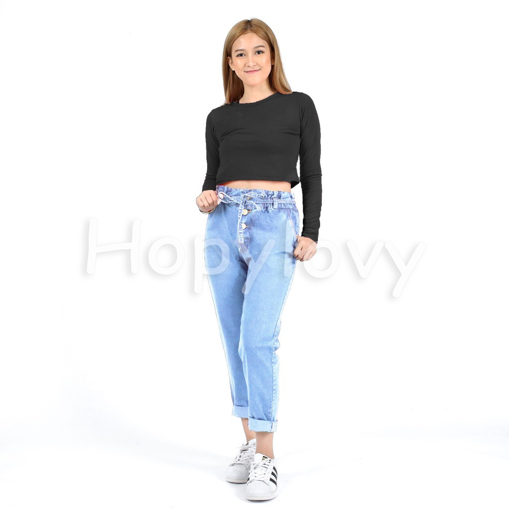 Celana Boyfriend Jeans Jumbo Wanita Pinggang Karet BF Comfy Ezra 3020