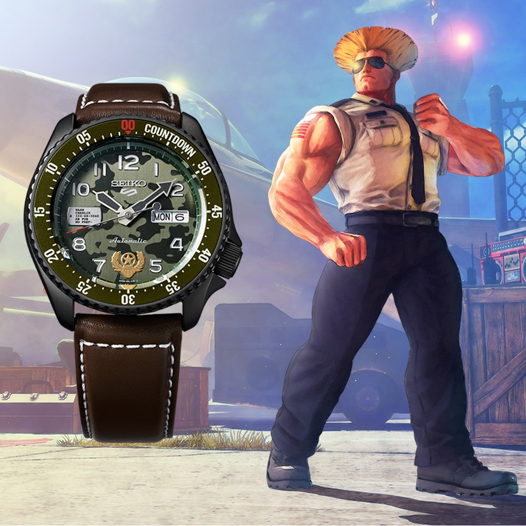 SEIKO 5 Sports SRPF21K1 Street Fighter Guile Indestructible Fortress Jam Tangan Kulit Asli Tahan Air
