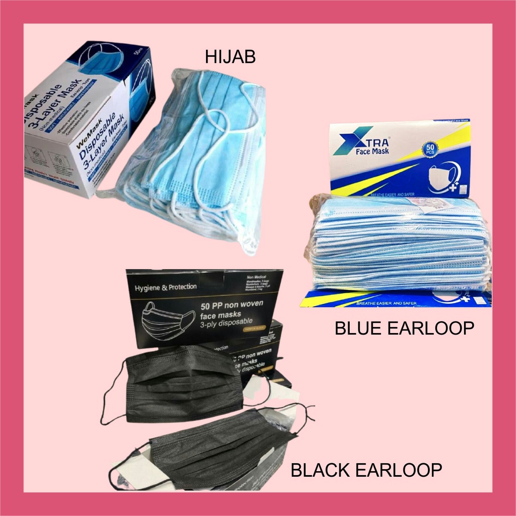 DISPOSABLE MASK MASKER EARLOOP DUCKBIL 50PCS MASKER HIJAB MASKER MEDIS HITAM BIRU MASKER MEDIS 3PLY