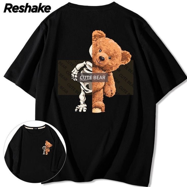 Baju Kaos Oversize Hitam Cute Bear Lengan Pendek Pria