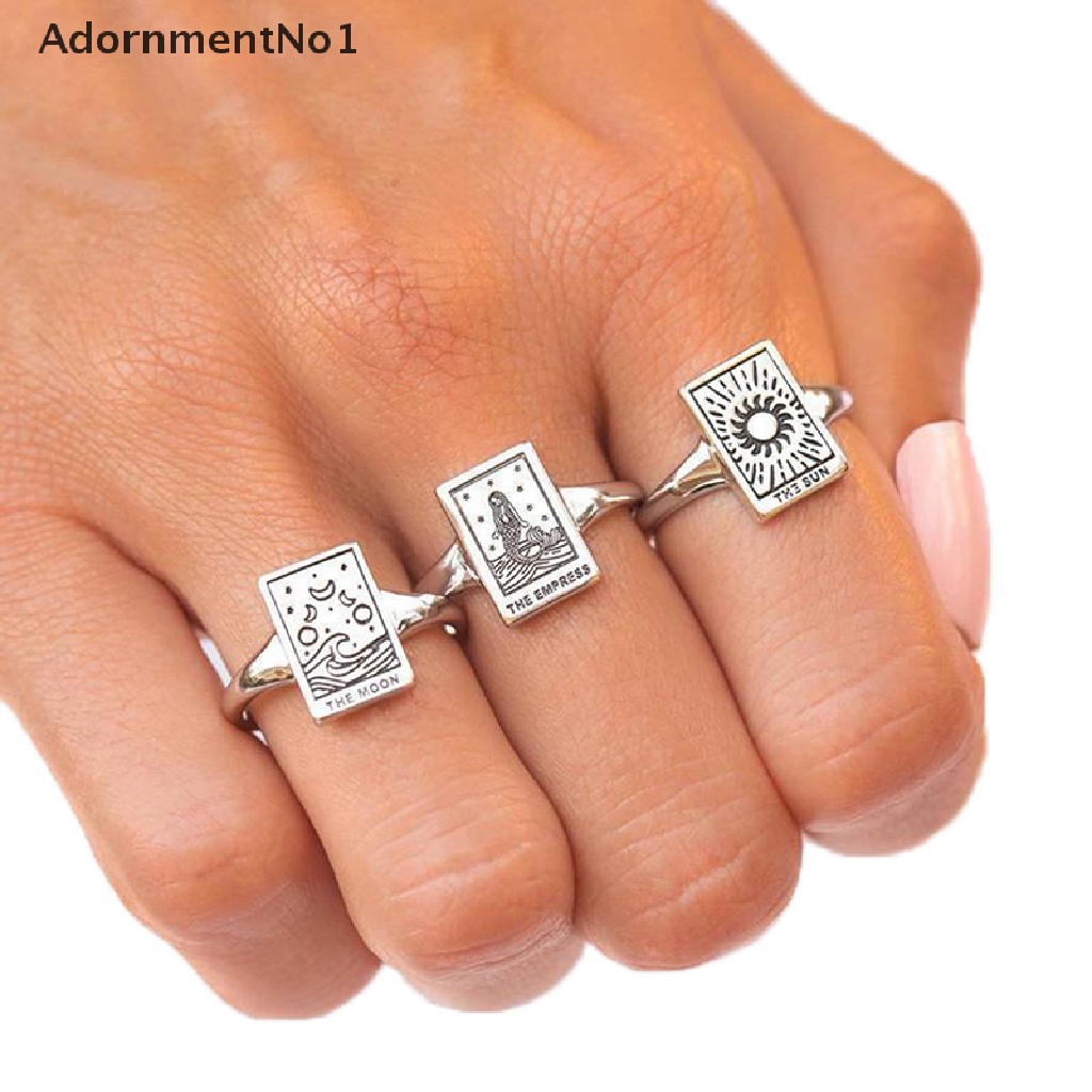 (AdornmentNo1) Cincin Terbuka Adjustable Motif Ukiran Mermaid / Bulan / Matahari / Kartu Tarot Untuk Wanita