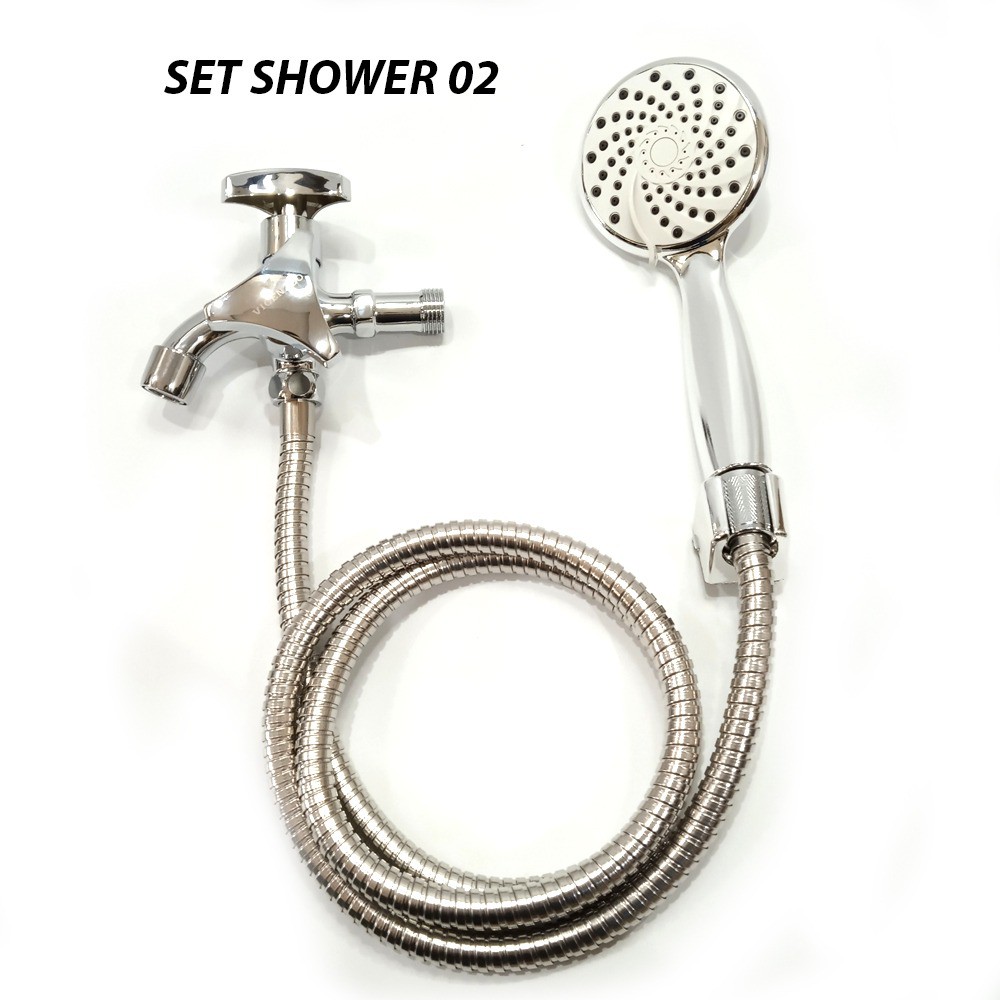 PAKET Hand Shower Kamar Mandi dan Kran Cabang Tembok Segitigal 2 Lubang 1/2” Handel Kuningan