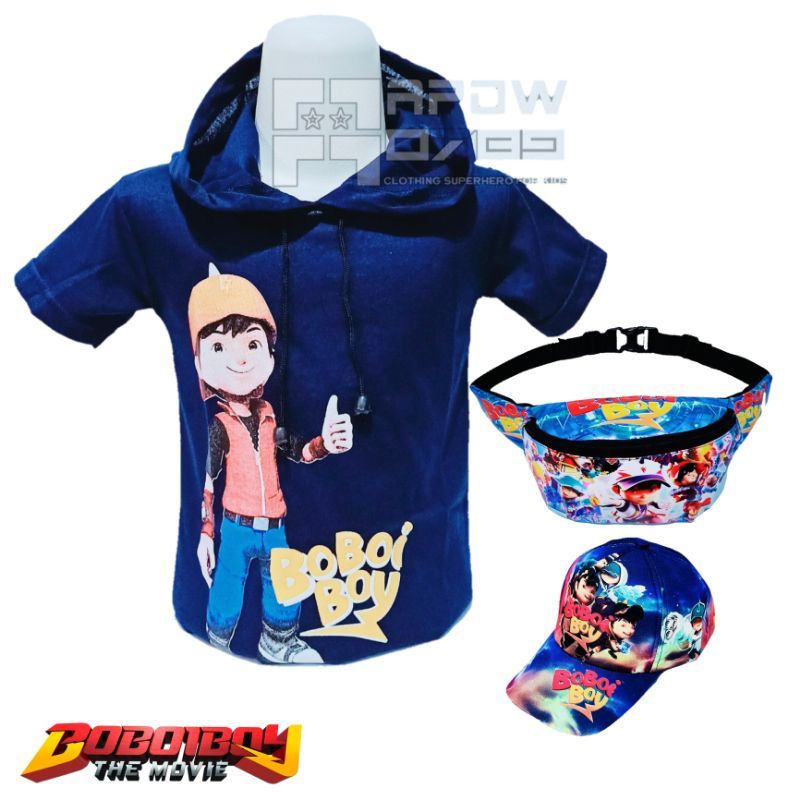 Paket 3in1 kaos Hoodie anak Boboiboy + tas waistbag dan topi anak Boboiboy