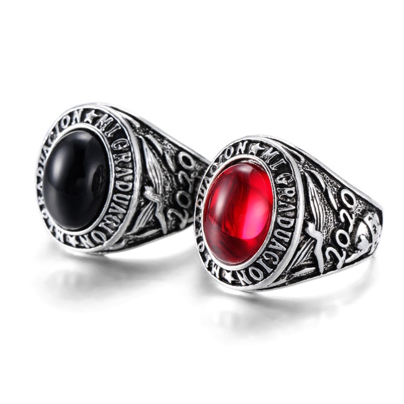 Cincin Batu Merah Raven Dan Wolf Never Fade Rune Bahan Stainless Steel Untuk Pria