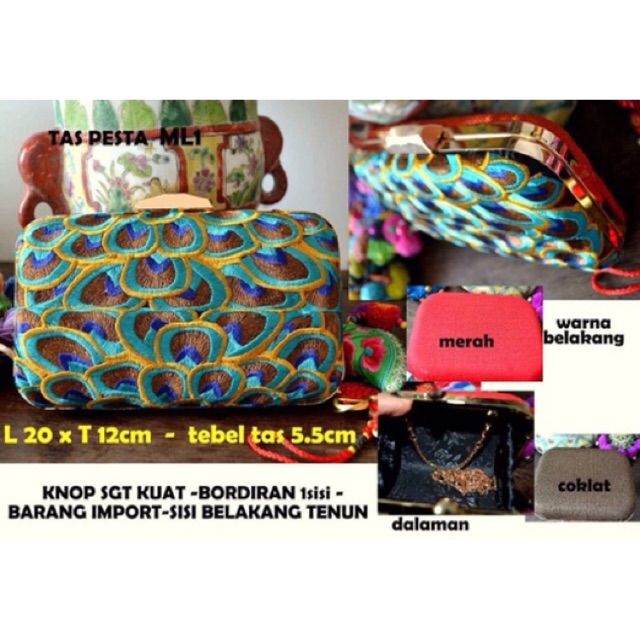 Tas Pesta Bordir Motif Bulu Merak dan Bunga