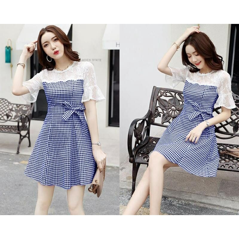 DRESS MODEL KOREA TERBARU / DRESS KATUN KOMBINASI BROKAT / DRESS WANITA CANTIK