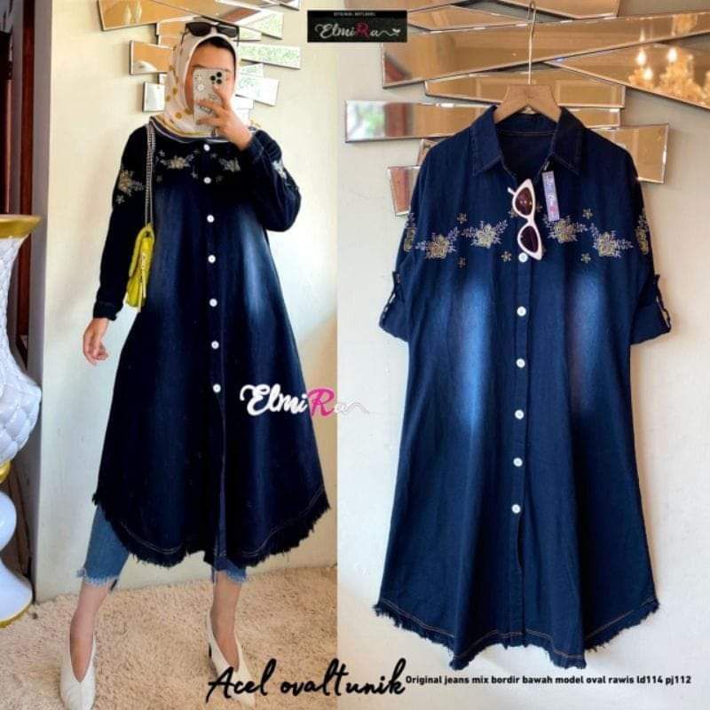 Acel Overall Tunik Original Jeans Mix Bordir Bawah Model Overall Rawis