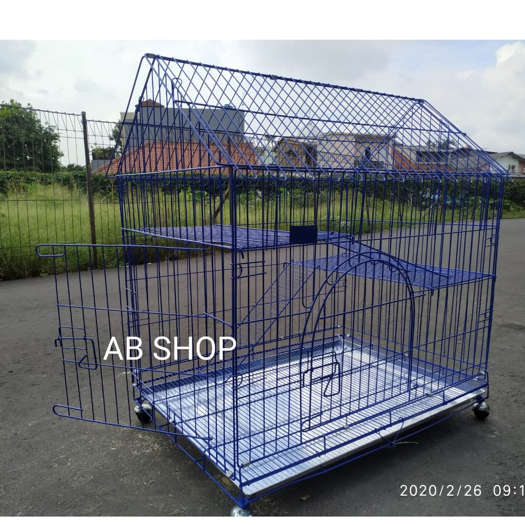 (Size XXL 90x60x95) Kandang kucing / Anjing tingkat 2 dengan roda Model Rumah (kode : 04rmh)