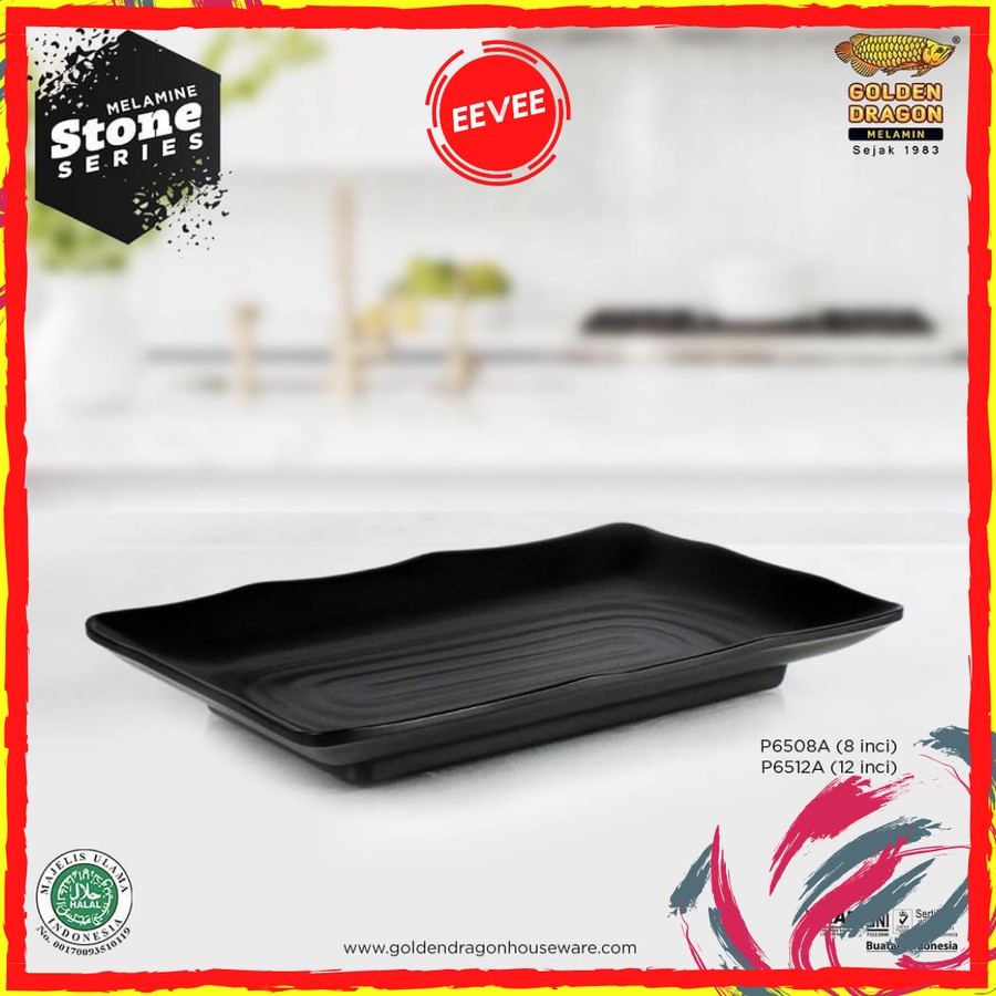 Piring Saji Kotak Melamin Persegi Panjang 8 inch Piring Saji Kafe Resto Melamin Hitam Golden Dragon 