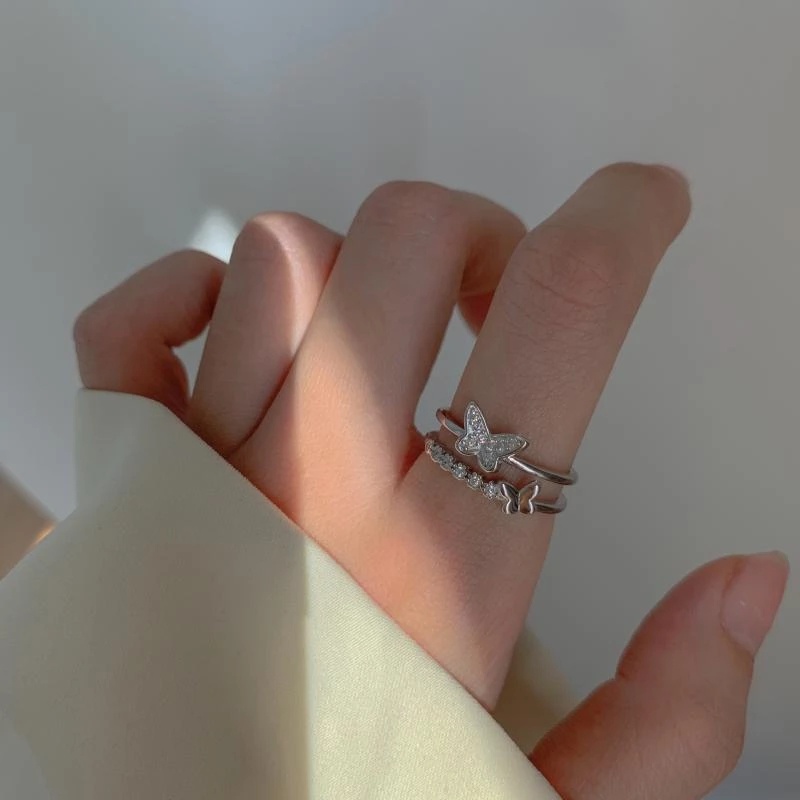 [Korean Fashion Retro Double Layer Crystal Butterfly Adjustable Open Rings For Women] [ Elegant Ladies Smooth Fine Thin Finger Ring] [Lovely Jewelry Gifts For Girl Friends]