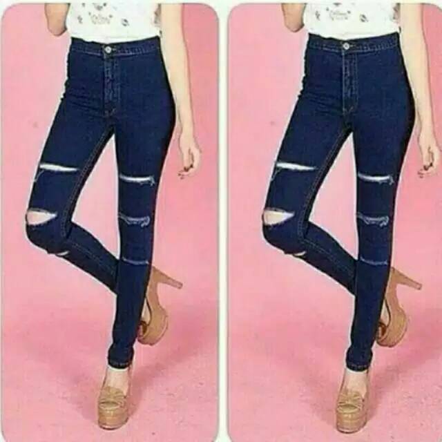 Ripped jeans hw highwaist navy jeans sobek wanita