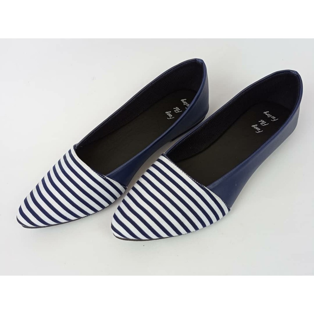 FLAT SHOES NAVY STRIPE..TERSEDIA UKURAN JUMBO SEPATU WANITA | T.121