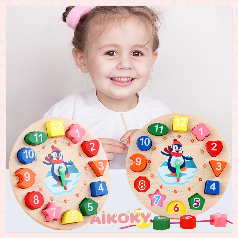 Aikoky Mainan Edukasi Jam Penguin Beaded Clock/ Puzzle Geometri / Puzzle Bentuk dan Warna