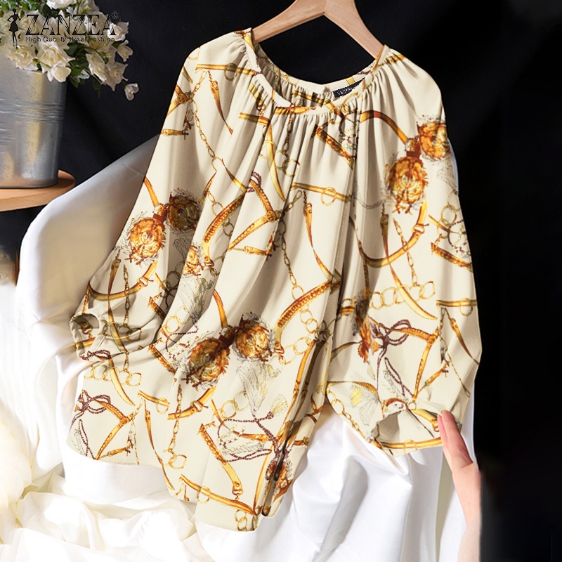 ZANZEA Women Long Sleeve O-Neck Back Buttons Vintage Print Pleated Loose Blouse