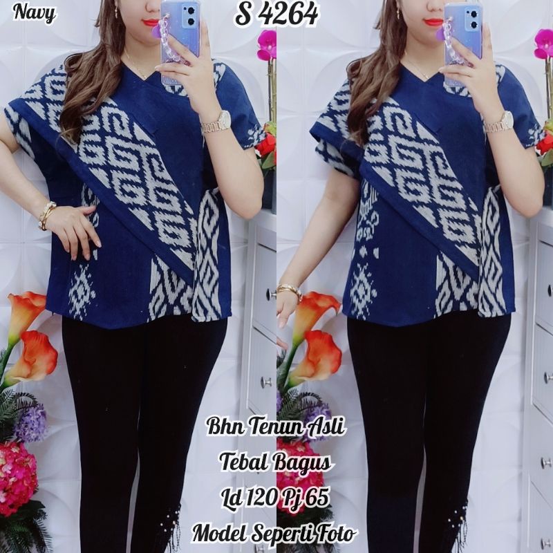 Terbaru Atasan Tenun Etnik Tops Blouse Wanita Batik Jumbo 30935 Navy S 4264 Kondangan Kombinasi Orig