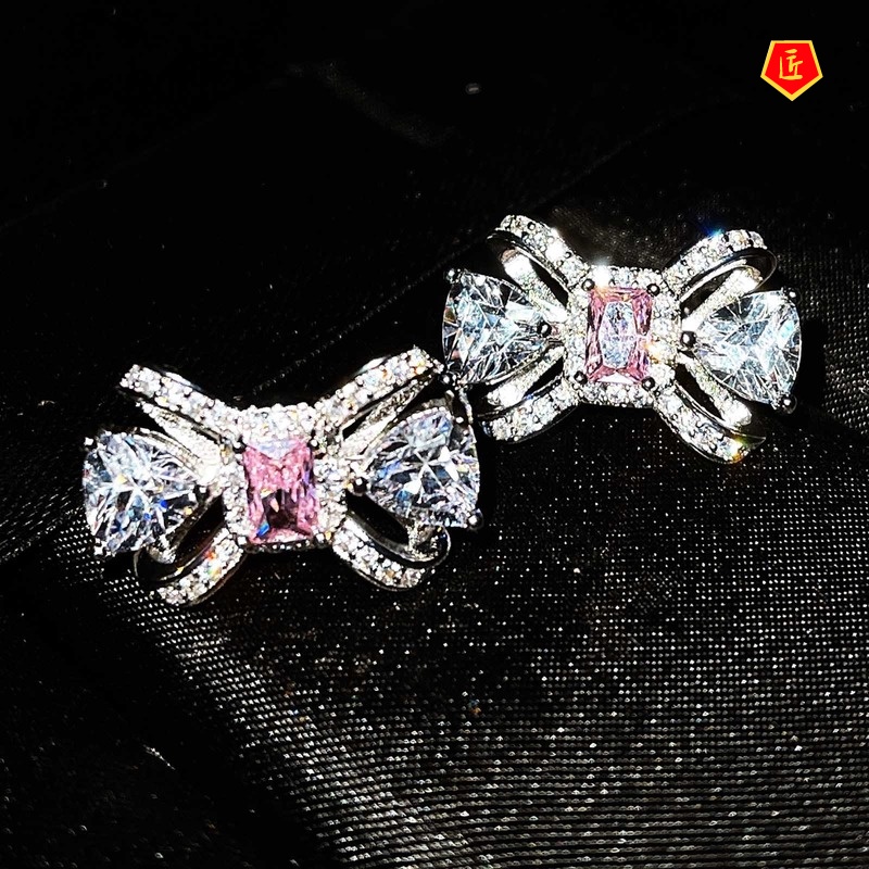 [Ready Stock]Diamond Bow Stud Earrings Elegant Necklace Ring Set