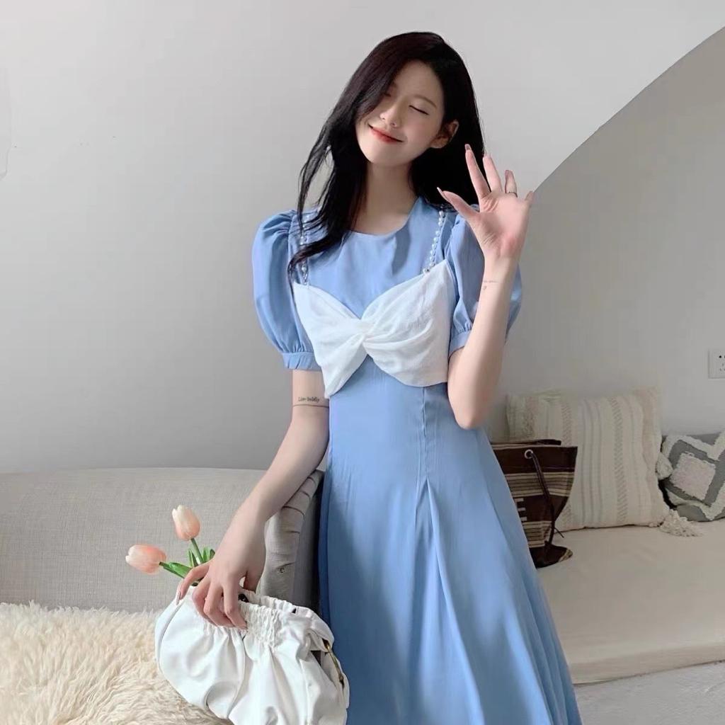 [littlecrab] Dress Pita Putih Biru Langit Hitam Long Dress With Pearl And Ribbon Simple Elegan Gaun Wanita Panjang Lengan Pendek Berkualitas Korean Style