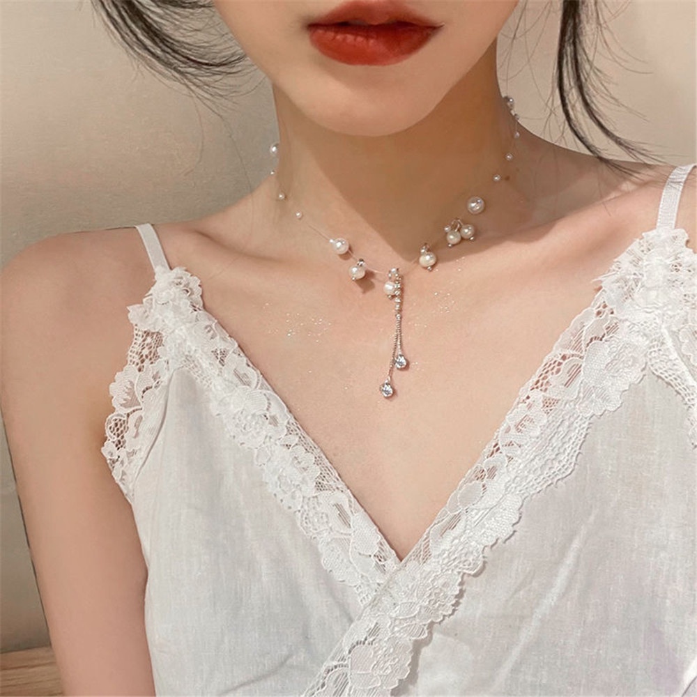 Kalung Choker Rantai Rumbai Mutiara Gaya Korea Untuk Wanita