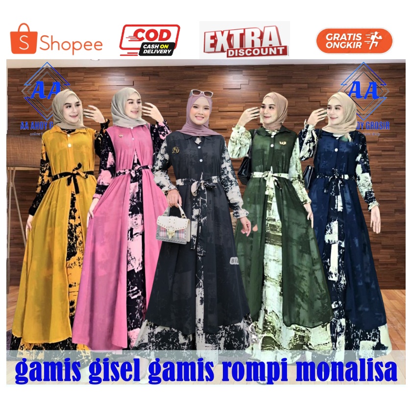 READY GISEL MAXY GAMIS MONALISA ABSTRAK MIX CERUTTY OUTER TERPISAH GAMIS ROMPI 2 IN 1 BAJU PESTA