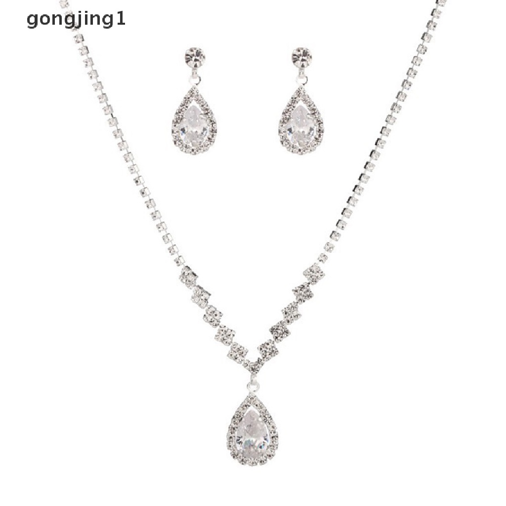 Set Perhiasan Kalung Anting Liontin Kristal Bentuk Tetesan Air Warna Silver Gaya Vintage Untuk Pernikahan