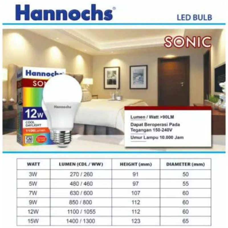 Lampu Led Hannochs 3w/3 Watt 5w/5 Watt 7w/7 Watt 9w/9 Watt 12w/12 Watt 15w/15 Watt SONIC / Bolam