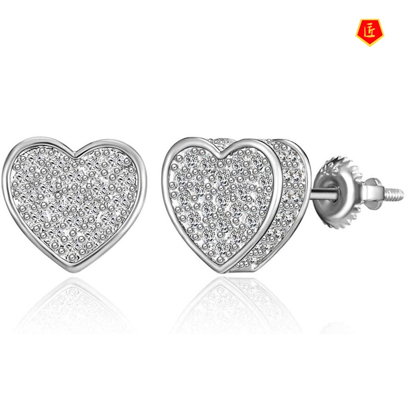 [Ready Stock]18K Gold Micro-Inlaid Diamond Heart-Shaped Ear Studs