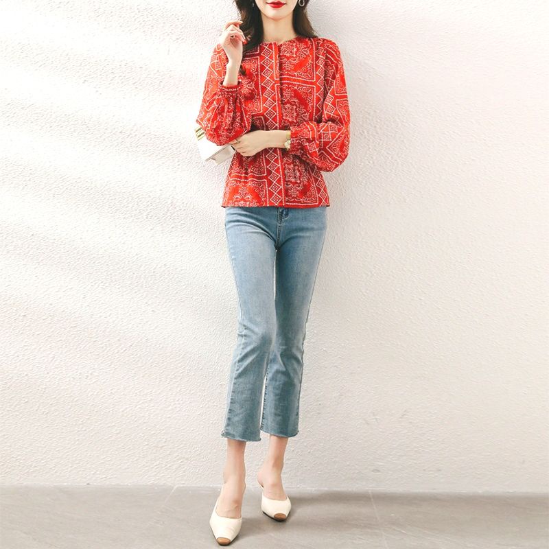 MDLV ~ 0859 CNY Blessings Hidden Button Top Women Blouse Premium Kemeja Etnik Blouse Etnik Blouse lengan Balon Panjang Blouse Korea terbaru Best seller Fashion Import