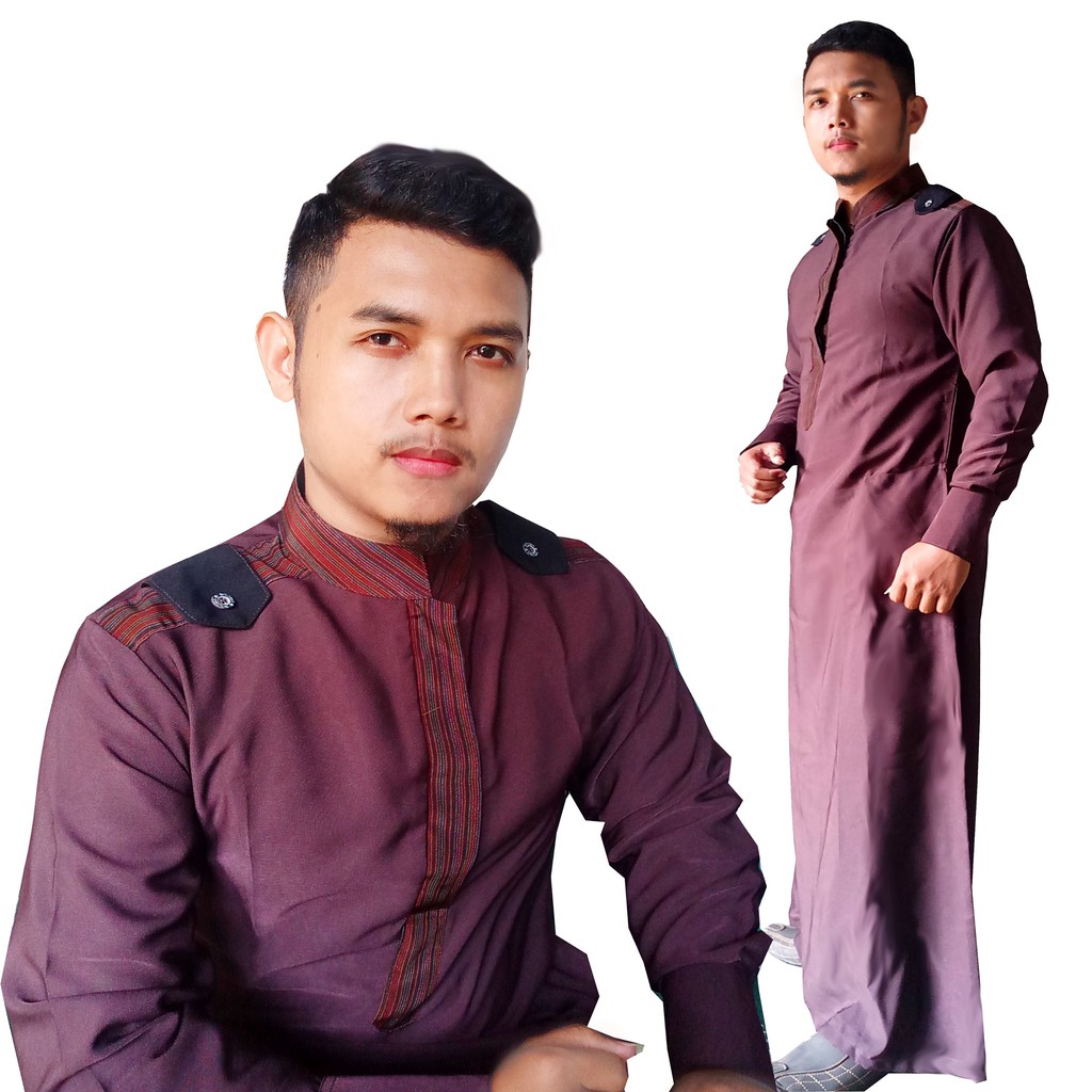 Gamis Pria Hisan warna Coklat kombinasi Lurik