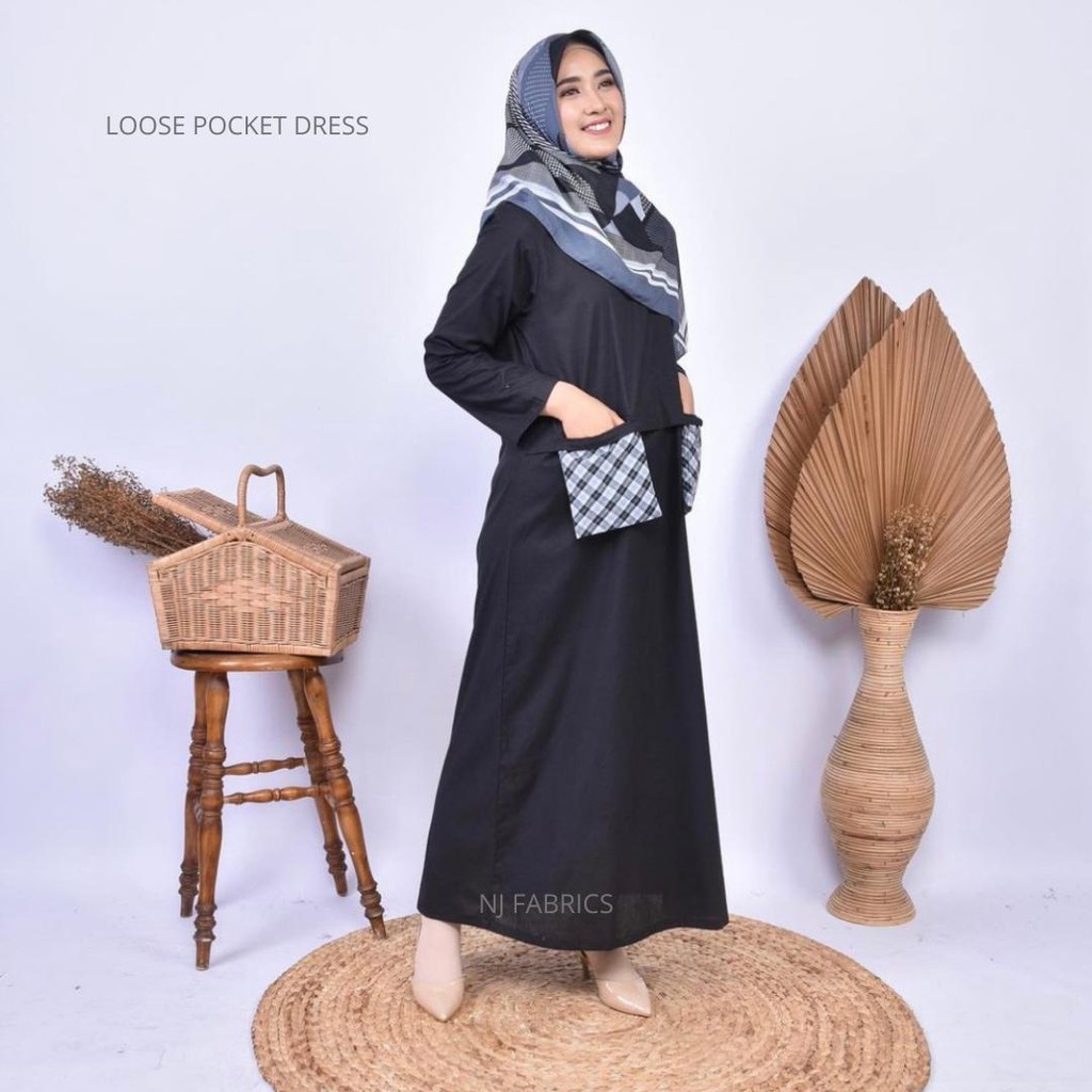 NJFabrics Loose Pocket Dress Gamis Casual Hijab Wanita Katun Premium Hitam