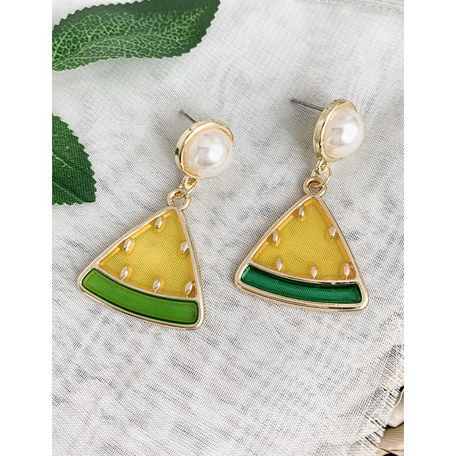 LRC Anting Tusuk Fashion Yellow Alloy Resin Pearl Watermelon Earrings D93603