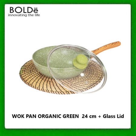 BOLDE wok pan organic green 24 cm + tutup kaca GRANITE SERIES