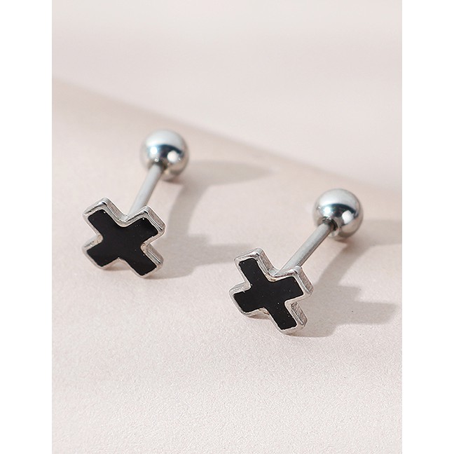 LRC Anting Tusuk Fashion Silver Color Oil Drop Cross Alloy Earrings Y64828