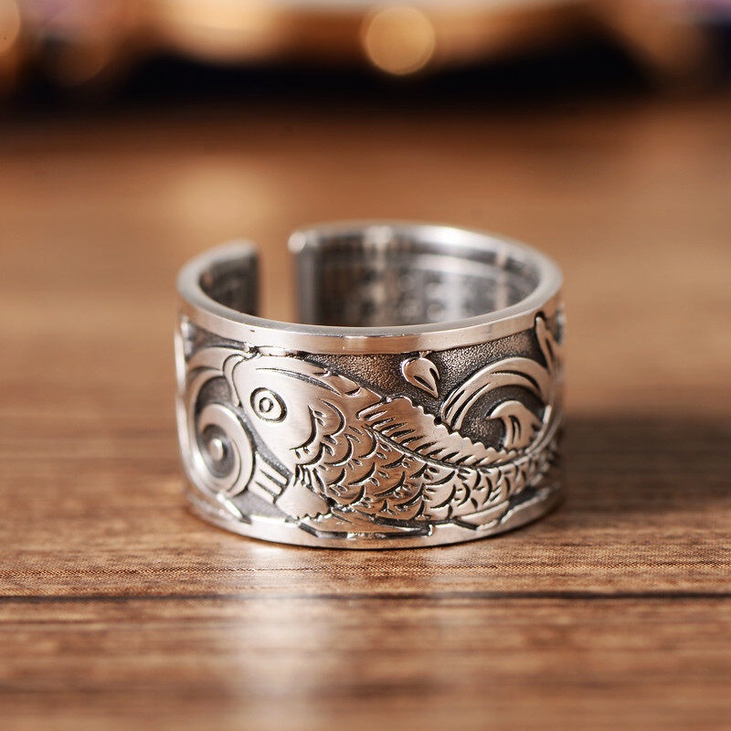 Cincin Pola Naga koi Dapat Disesuaikan Bahan 925 silver Gaya retro Untuk Pria Dan Wanita