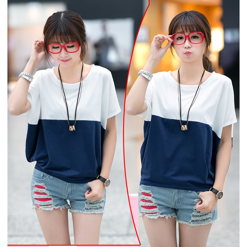 Atasan Korean Style T-shirt Casual Kaos Wanita Longgar Kaos Kelelawar Lengan Pendek Kaos Adem Bagus