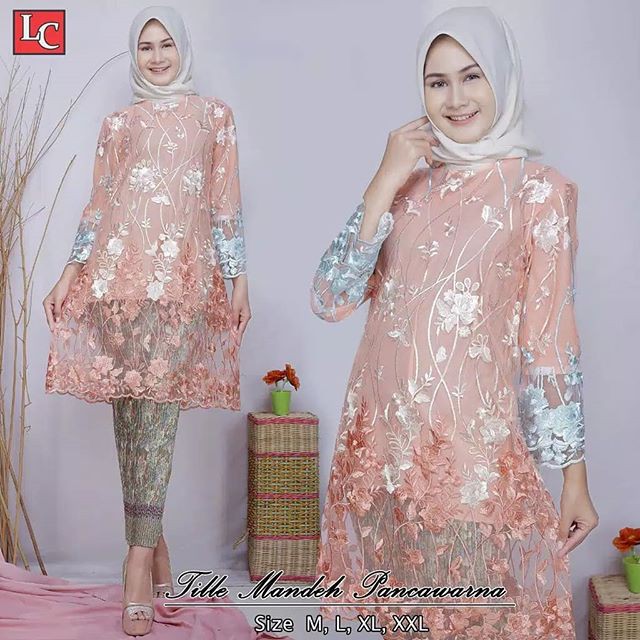 Setelan Kebaya Tunik Tille Warna Salem Mix Plisket / Kebaya Modern