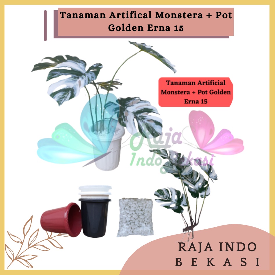 Tanaman Artificial Hias Plastik Palsu Monstera Besar Latex Dengan Pot Golden Erna 15 Putih Bening Transparan Hitam Merah Bata Tercotta Terracotta Coklat Murah Grosir