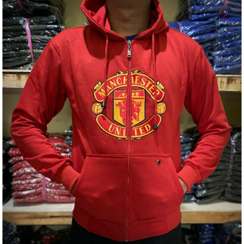 Hoodie Sweater Zipper bola klub bola Manchester United logo bordir warna merah